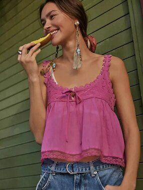 Free People Stevie Lace Tank Top Cropped Babydoll Scoop Neck Tie M